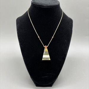 Vintage Stone Inlay Pendant Necklace Banded Onyx Southwest Style Triangle Gold